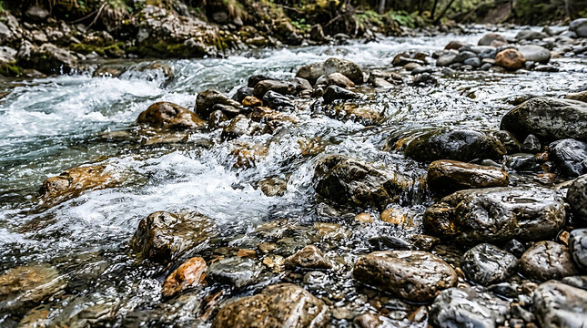 Fast flowing mountain stream over rocky riverbed.
