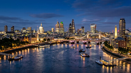 Fototapeta premium London skyline at dusk with illuminated landmarks and river.