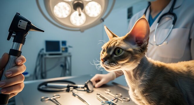 Curious Devon Rex cat in a veterinary operating room with surgical instruments and lights