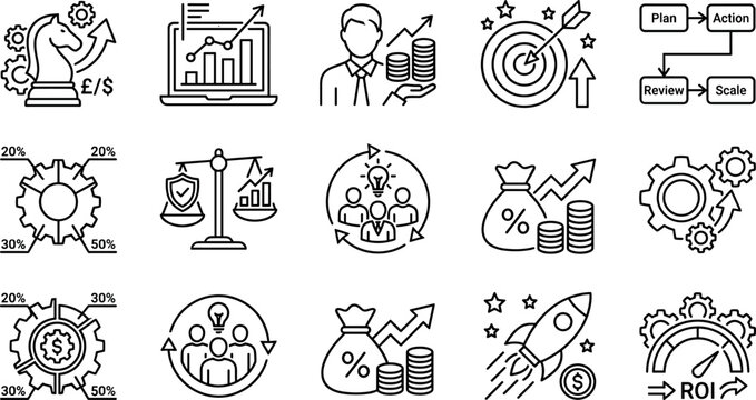 Business strategy and return on investment linear icon set with finance growth charts target rocket vector