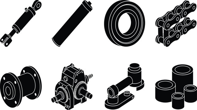 Industrial mechanical components and machine parts collection isolated as black line art icons on white background