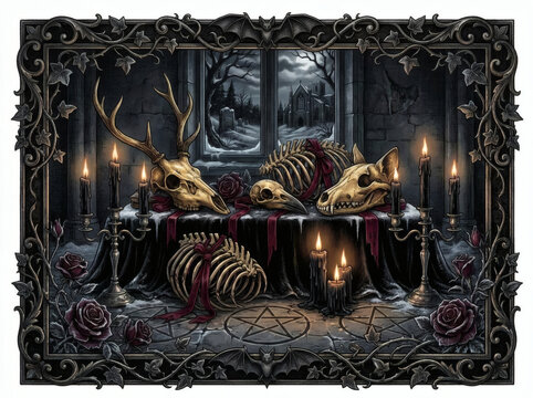 Gothic Yule dark Christmas seamless pattern collection with gold filigree, creepy vintage elements, and dark aesthetics