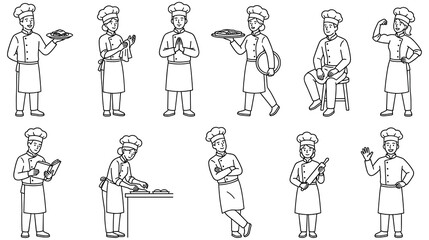 Naklejka premium Professional chefs in various poses and culinary work outfits for food industry.