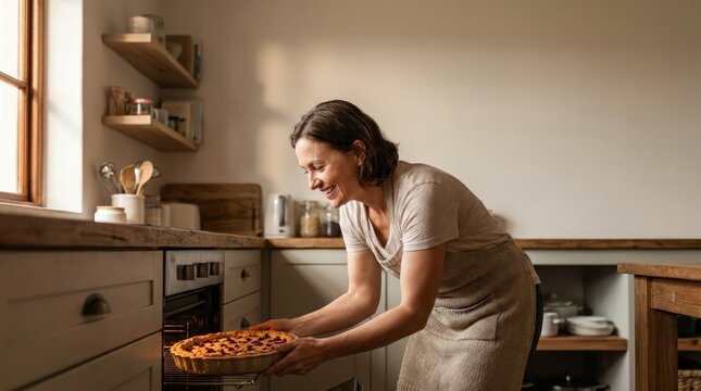 Smiling Mature Woman Taking Fresh Homemade Berry Pie Out of the Oven