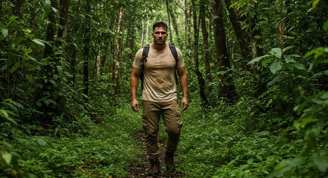 Explorer in the Jungle: A rugged explorer ventures through a dense, vibrant jungle, navigating a narrow path surrounded by lush, verdant foliage and towering trees, embodying adventure and discovery.