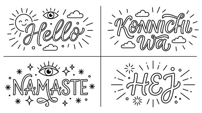 Decorative greeting phrases collection with sun eye and cloud elements line art drawing.