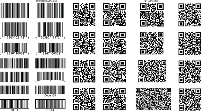 Set of various black and white linear barcodes and QR codes vector illustration