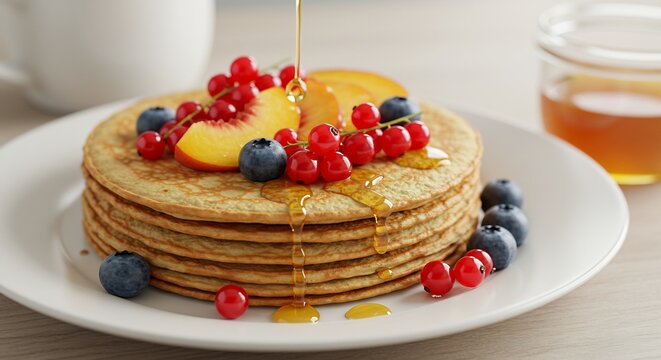 Delicious Pancake Stack with Berries and Honey: A mouth-watering stack of fluffy pancakes drizzled with golden honey and topped with fresh blueberries, red currants, and peach slices.