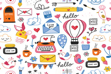 Naklejka premium Cute Love and Valentine Doodle Elements Collection with Letters, Hearts, Hot Air Balloon, Typewriter, Birds, Flowers, and Romantic Hand Drawn Icons