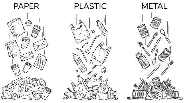 Recycle sorting trash outline collection set paper plastic metal waste materials.