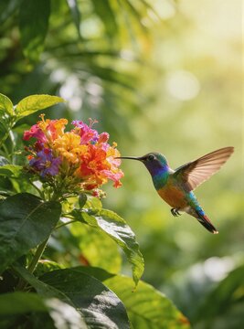 Colorful hummingbird hovering near vibrant multi-colored flowers including pink orange and yellow blooms in lush green foliage. Perfect for biodiversity themes.