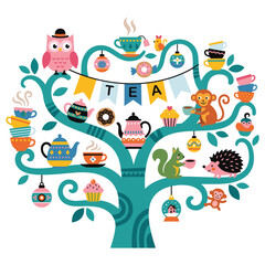 Naklejka premium Illustration of magical tea tree with cute woodland animals and hanging treats and snacks.