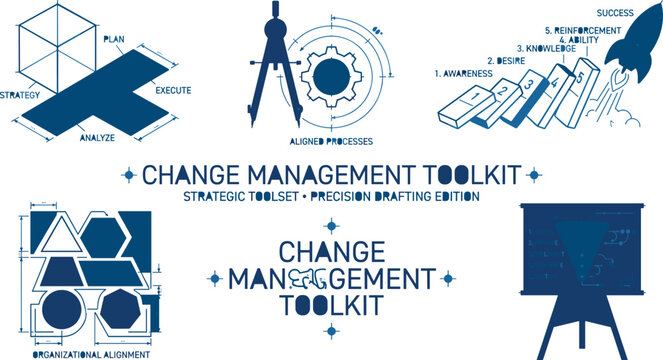 Strategic Change Management Toolkit Vector Set Featuring Business Icons Blueprint Planning Organizational Alignment and Success Rocket Launch Infographics