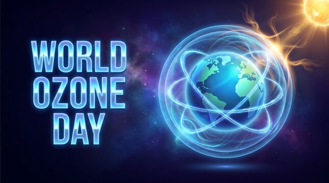 World Ozone Day Illustration with Earth Globe Protected by Ozone Layer Shield Against Sun Radiation in Space Background