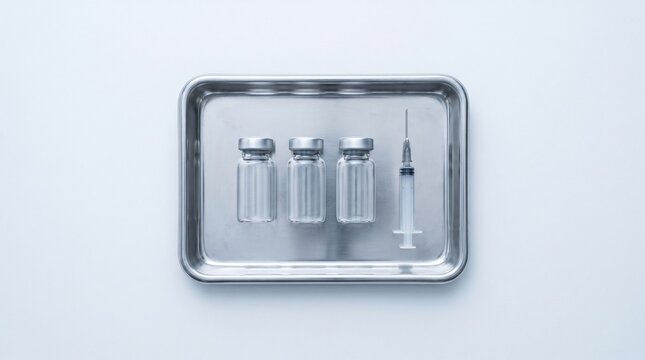Medical vaccine vials and syringe on metal tray on white background