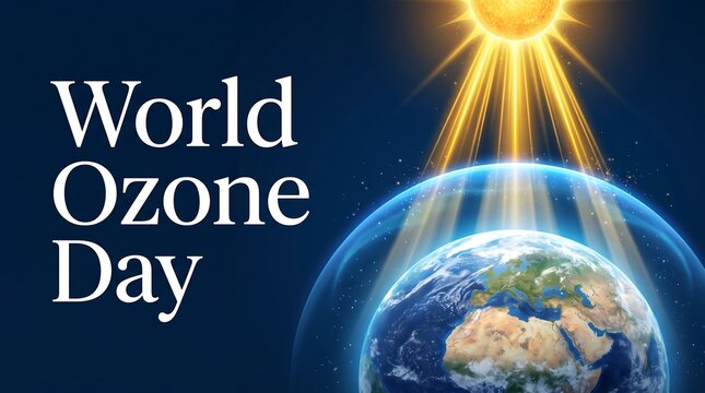 World Ozone Day Awareness Banner with Earth Protective Shield Atmosphere and Sun Rays for Environmental Protection and Climate Change Concept.