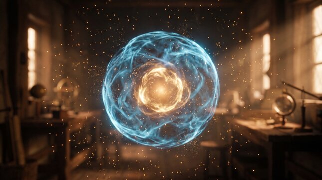 Scientific Atom Model Glowing in Vintage Laboratory Setting