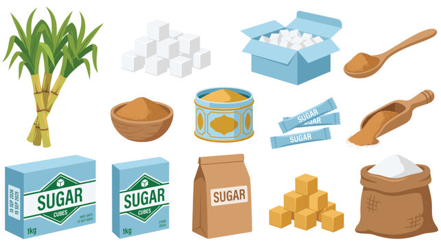 Sugar cane and different types of refined brown white sugar products.