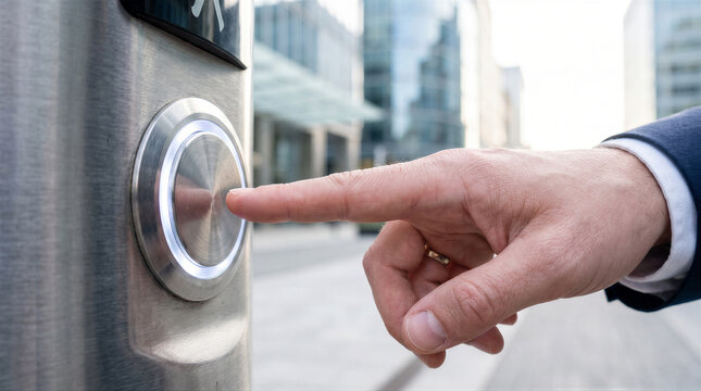Closeup of a businessmans finger pressing a glowing metal button on a pedestrian crossing signal in a city street