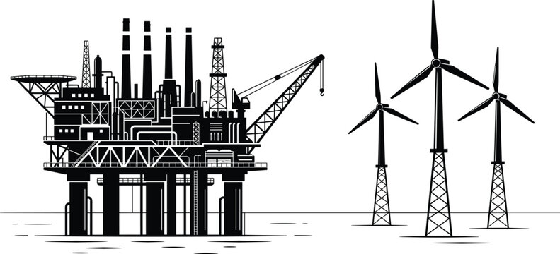 Offshore industrial energy generation vector concept featuring an oil drilling platform alongside marine wind turbine structures