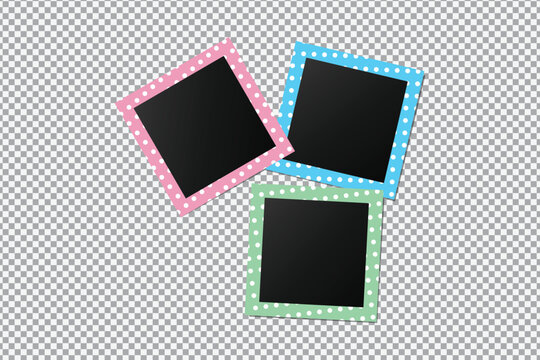 Three colorful square photo frames with white polka dot patterns arranged on a transparent background