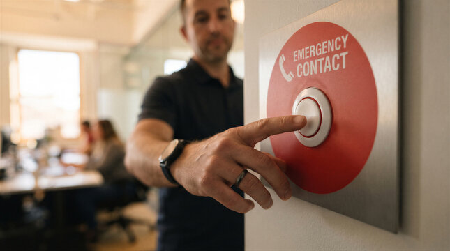 A man pressing an emergency contact button in a modern office setting, focusing on safety and communication in the workplace