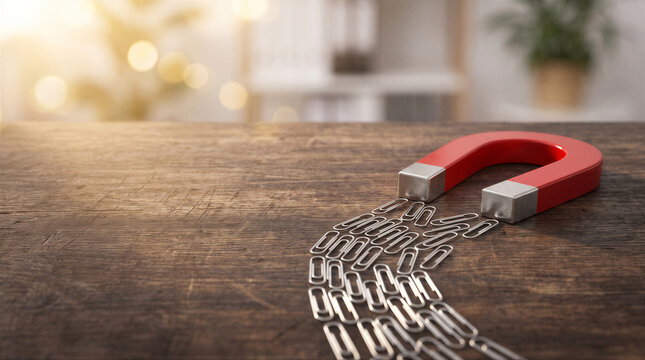 Red horseshoe magnet attracting a pile of silver paperclips on a rustic wooden table