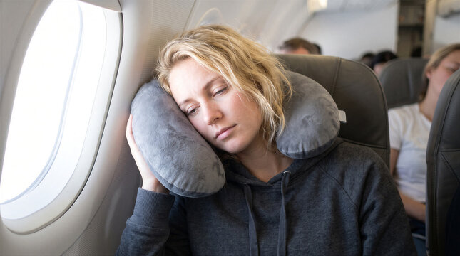 Young woman resting her head on a grey travel pillow while sitting in an airplane seat by the window during a flight