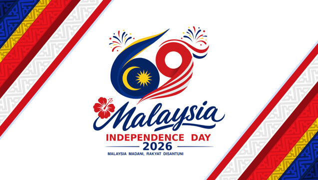 Malaysia Independence Day 2026: 69th anniversary banner with diagonal batik borders, fireworks, and red hibiscus blossom.