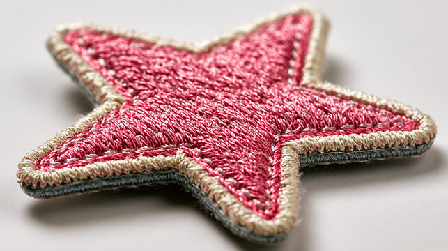 Close-up of a pink star shaped embroidered patch on a light gray background with embroidered