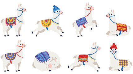 Cute llama character set in various poses with colorful blankets flat vector art. © SHUVO
