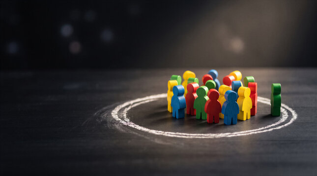 Group of colorful wooden figures standing inside a chalk circle on a dark surface representing social distancing or exclusion