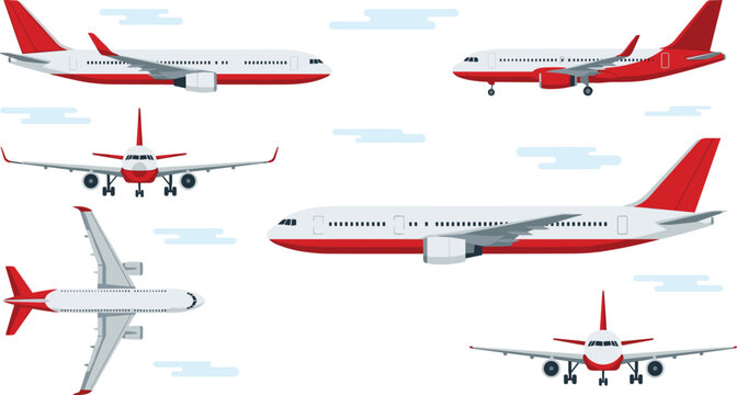 Commercial Airplane Vector Set Featuring Passenger Jets from Front Side and Top Views with Red Accents for Travel Agency Graphic Designs