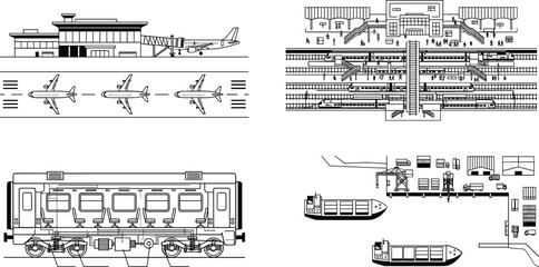 Obraz premium Global commercial transportation hubs vector set featuring airport runway train station passenger coach and seaport