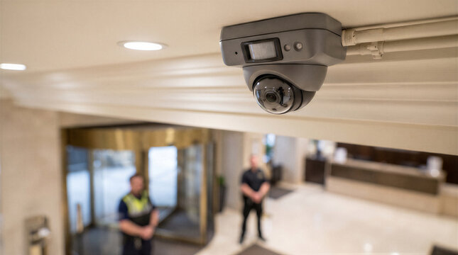 Security camera mounted on the ceiling of a hotel lobby with security guards standing in the background