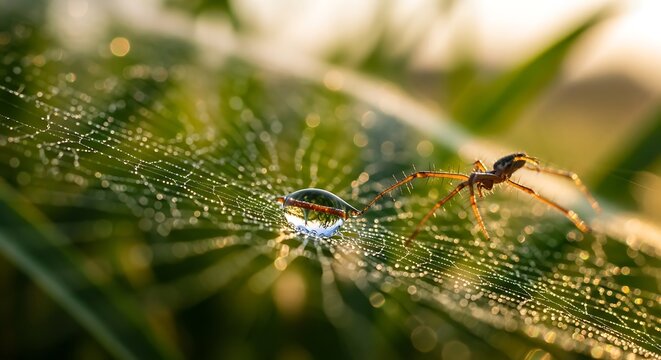 Dew drops on a green leaf with a spider in the morning light sunlight wildlife