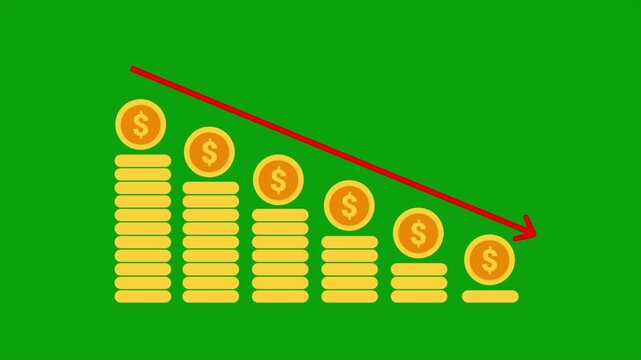 Dollar Value Decrease Animation, Falling US Dollar Currency Value, Financial Decline on Green Screen Background