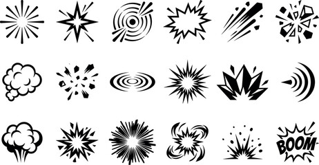 Obraz premium Comic book explosion and blast effect icon set featuring black pop art starbursts smoke clouds shockwaves flash sparkles and boom bubbles.