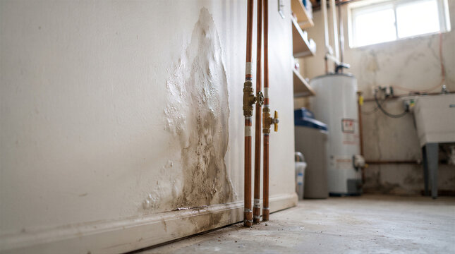 Water damage on a basement wall with copper plumbing pipes in a residential home
