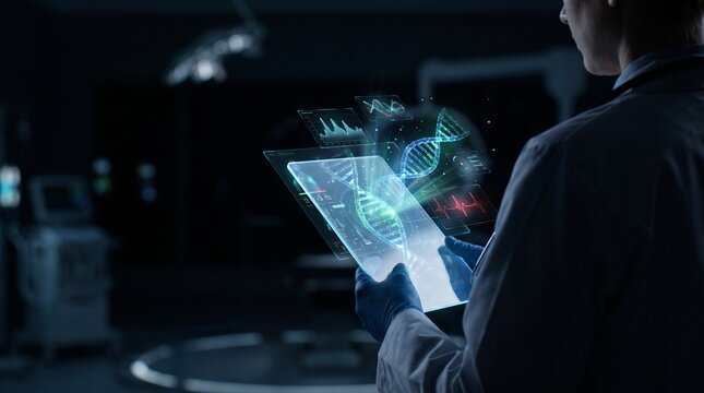 Scientist Analyzing DNA Hologram on Digital Tablet in Laboratory