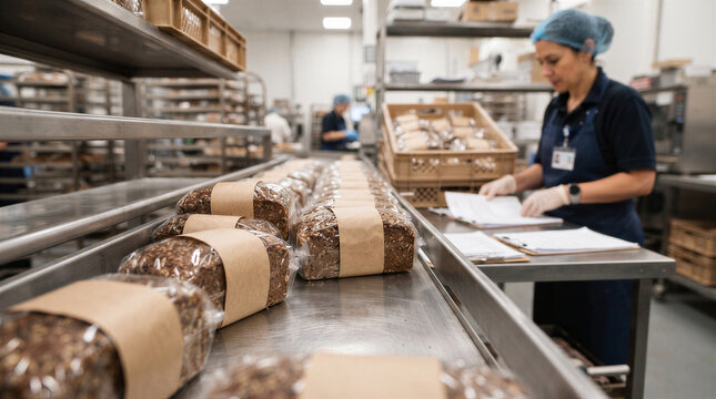 Female worker checking quality of packaged bread loaves on a production line in a commercial bakery factory