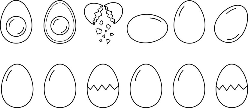 Set of line art egg icons including whole, sliced, and cracked eggs