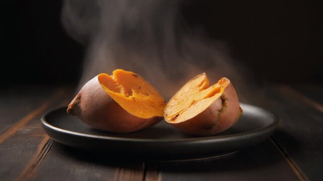 Steaming Hot Sweet Potato Halves on Dark Plate