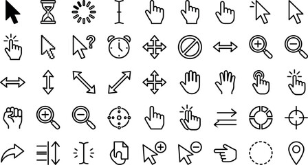 Fototapeta premium Computer mouse cursor and arrow linear icon set with diverse click hand pointer web UI elements
