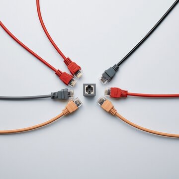 Multiple colorful ethernet network cables with rj45 connectors converging on central network port over light gray background shows global internet connection concept