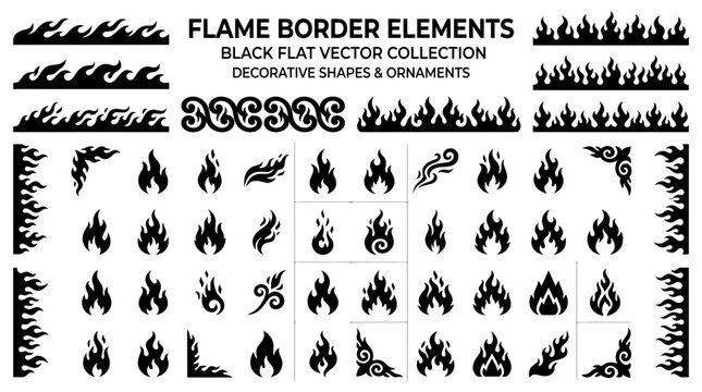 Flame vector icons and decorative border elements are set on a plain white background.