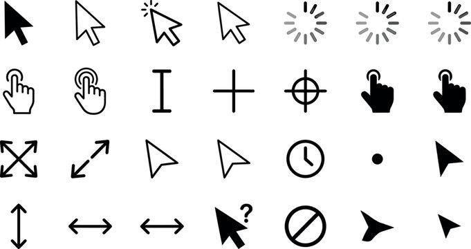 Computer mouse cursor and pointer line icon set featuring arrow click hand selection loading progress bar wheel and window resize navigation symbols.