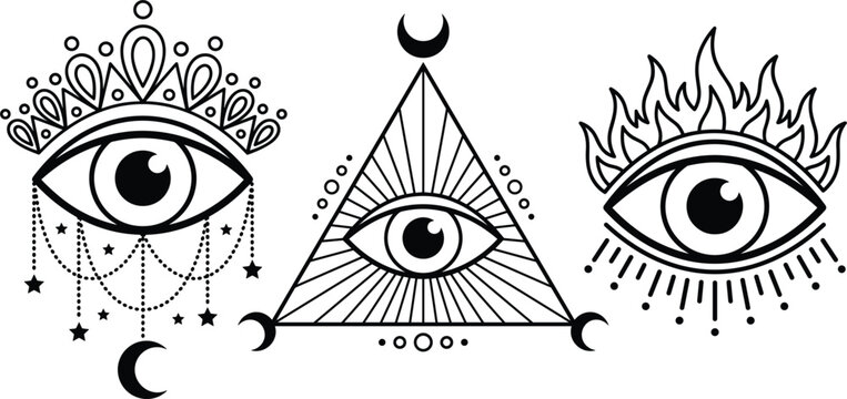 Mystical Evil Eye Vector Emblem Set Featuring All Seeing Eye Pyramid Triangle Flame and Celestial Moon Stars Elements for Esoteric Occult Tattoo Designs