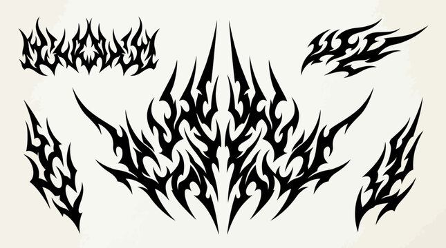 Tribal tattoo set featuring sharp black flame vector art elements isolated on off-white.