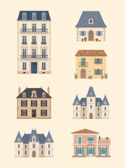 Fototapeta premium French architectural building illustrations including chateaus and apartments